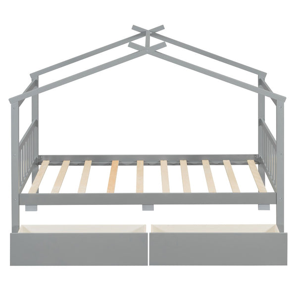 English Elm Twin House Bed Solid Pine Kids Cottage Frame with Storage Drawers Imaginative Room Gray N708P309245E