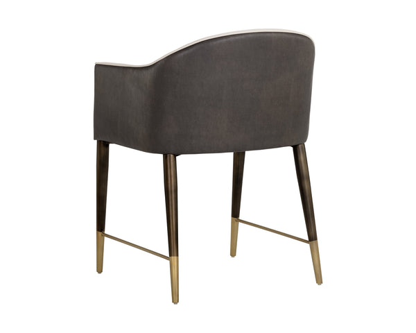 Sunpan Kylin Dining Armchair: Modern Barrel Back Design in Cream Faux Leather with Brass Steel Legs