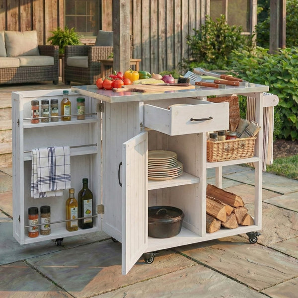 English Elm Foldable Outdoor Kitchen Cart with Stainless Worktop Fir Wood Frame and Lockable Wheels White N719P380278K