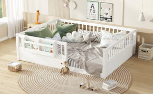 English Elm Queen Low Profile Kids Floor Bed with Guardrails Bookshelf and Pine Wood Frame White W1580P373142
