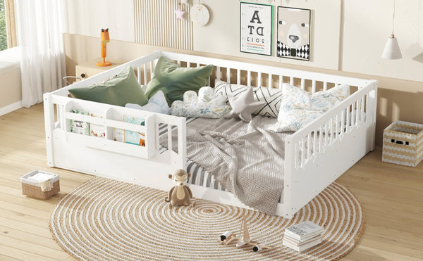 English Elm Queen Low Profile Kids Floor Bed with Guardrails Bookshelf and Pine Wood Frame White W1580P373142