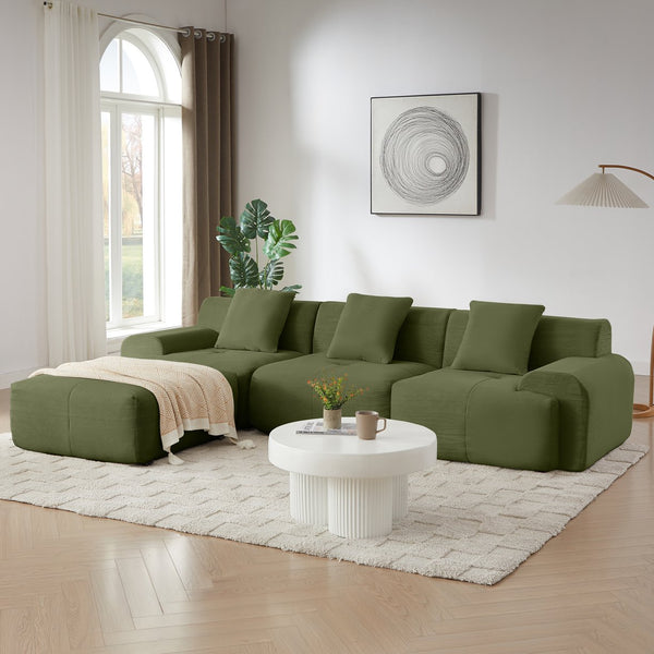 English Elm 113" Modular L-Shaped Sectional Sofa with Corduroy Upholstery, Deep Seats, Wide Arms, Ottoman Included Green W1359S00025