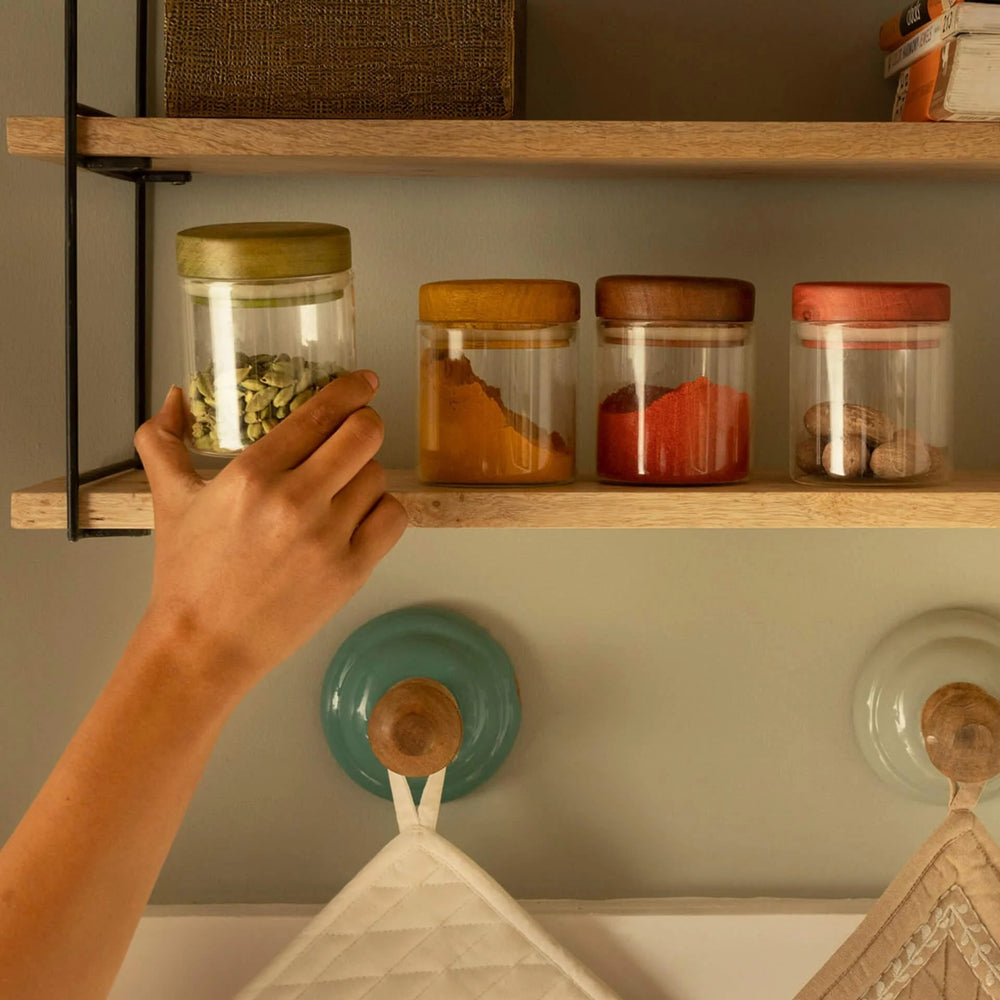 English Elm Storage Jar Set with Wooden Lids - 4 Glass 250g Jars, Colorful Spray-Finish Lids, Airtight Freshness and Stylish Kitchen Organization B346P327357