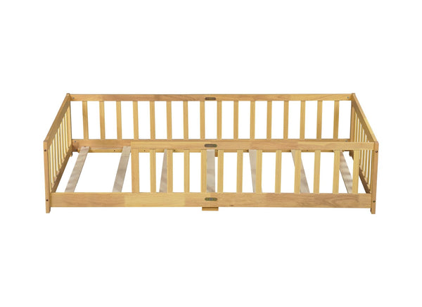 English Elm Twin Size Floor Bed With Safety Guardrails, Eco-Friendly Rubberwood Design For Toddler Independence W504P286397-GIGA