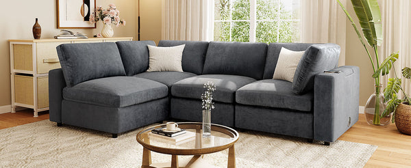English Elm U-style 113" Upholstered Modular Sofa with Built-In Bluetooth Audio, Wireless Charging & Storage Grey WY000457AAE