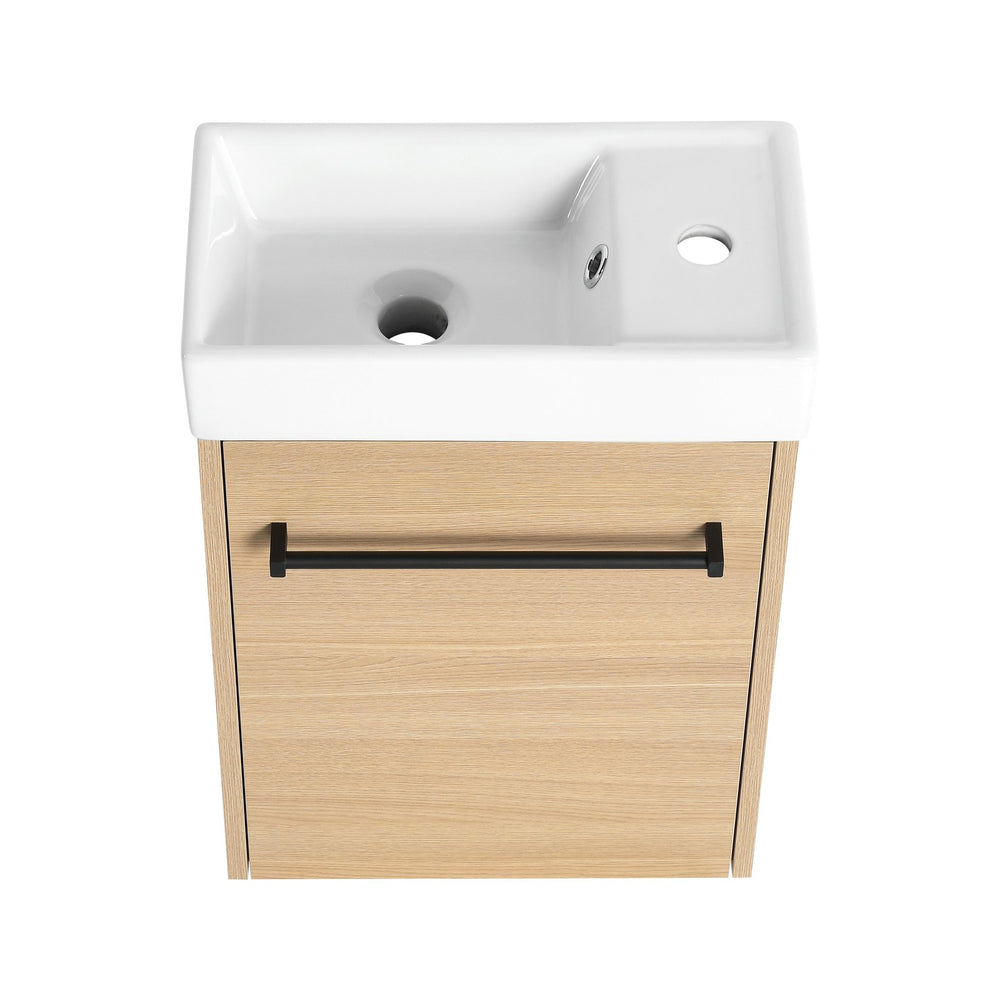English Elm 16'' Floating Wall-Mounted Bathroom Vanity with Ceramic Basin, Soft-Close Door, Water-Resist Finish Light Oak W999P236336