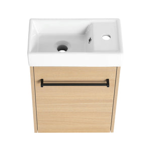 English Elm 16'' Floating Wall-Mounted Bathroom Vanity with Ceramic Basin, Soft-Close Door, Water-Resist Finish Light Oak W999P236336