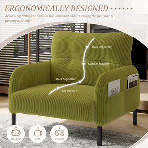 English Elm UNITED Corduroy Accent Chair with Ergonomic Curve, High-Density Foam Seat & Dual Side Pockets for Cozy Living Spaces Olive Green W1568P307261