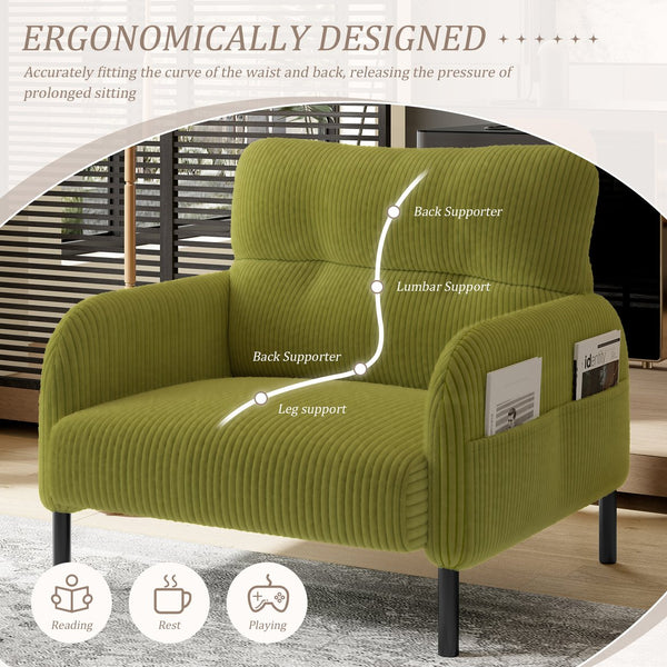 English Elm UNITED Corduroy Accent Chair with Ergonomic Curve, High-Density Foam Seat & Dual Side Pockets for Cozy Living Spaces Olive Green W1568P307261