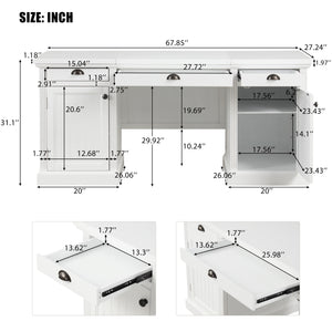 English Elm 67''Modern Executive Desk with 3 Drawers & 2 Cabinets, Spacious White MDF Workstation with Adjustable Shelves and Chic Vertical Edge Design for Home Office N751S211942K