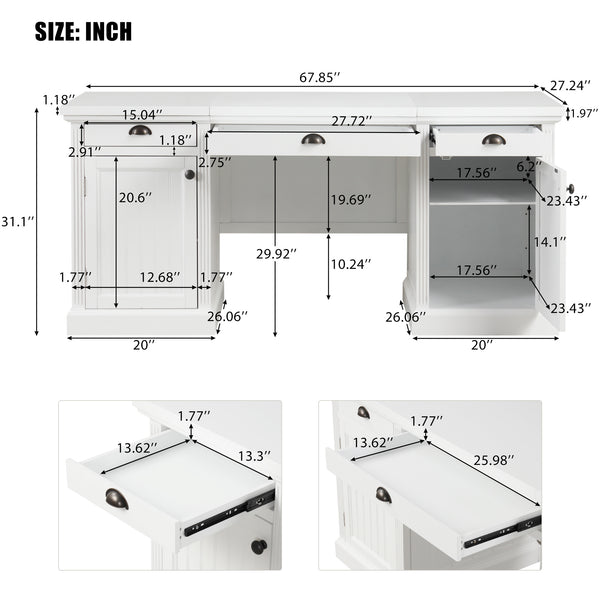 English Elm 67''Modern Executive Desk with 3 Drawers & 2 Cabinets, Spacious White MDF Workstation with Adjustable Shelves and Chic Vertical Edge Design for Home Office N751S211942K