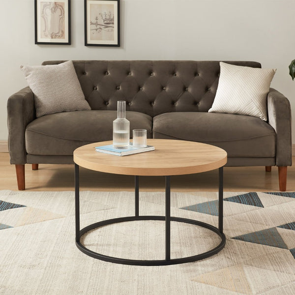 English Elm 31.5" Round Oak Finish Coffee Table Matte Black Steel Base for Modern Living Rooms Oak W3151P352763