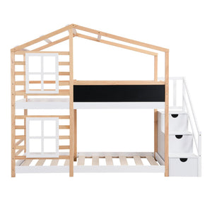 English Elm Twin Over Solid Pine House Bunk Bed with Blackboard Storage Staircase W495S00012