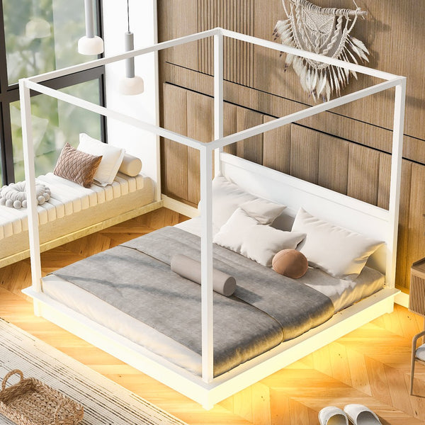 English Elm King LED Canopy Bed Frame King Size White Modern Platform with Support Slats, No Box Spring Needed, 600lb Capacity N820S10007K