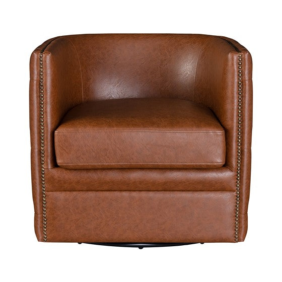 English Elm Capstone Tufted Barrel Swivel Chair with Brown Faux Leather, Bronze Nailhead Accents & Foam Comfort B035118605