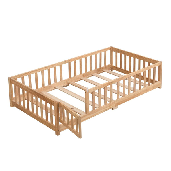 English Elm Twin Pine Wood Floor Bed with Safety Guardrails and Door for Kids Bedroom W495123236