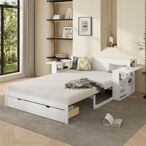 English Elm Full Size Daybed with Hydraulic Desk Armrests Storage Drawer and Sofa Seating White LT000271AAK