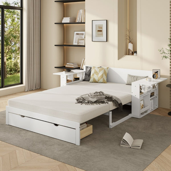 English Elm Full Size Daybed with Hydraulic Desk Armrests Storage Drawer and Sofa Seating White LT000271AAK