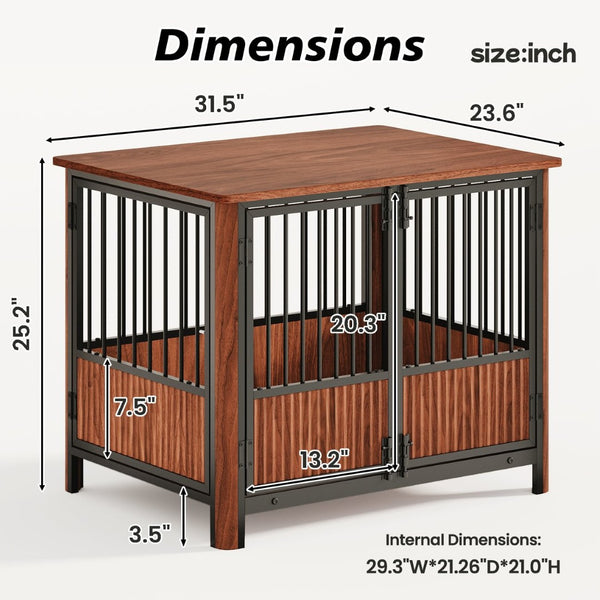 English Elm 31.5'' Walnut Fluted Wood Dog Crate Doubles as End Table for Small Medium Breeds W1820P336033