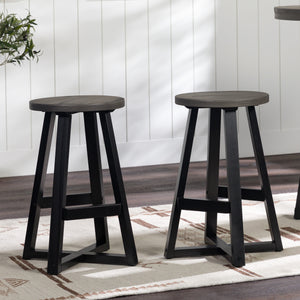 English Elm Walker Edison - Rustic Solid Pine Round Dining Stool in Distressed Grey Finish with Capped Feet, Lightweight Design B185P168990