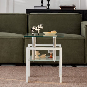 English Elm 2 White Tempered Clear Glass End Table – Sleek 2-Layer Waterfall Edge Sofa Side Table with Storage, Compact Durable Design W1718P177831