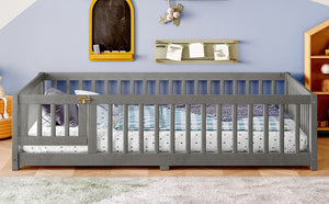 English Elm Twin Floor Bed Solid Pine Frame with Guardrails and Door for Safe Kid Sleep W1580P433578