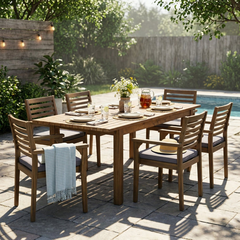 English Elm 7 Piece Acacia Wood Outdoor Dining Set Extendable Table Six Cushioned Chairs N762S000039AAE