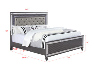 English Elm Modern Upholstered Headboard Queen Bed with Button Tufting, Glass Inlay & LED Lighting, Faux Leather Finish Elegance Gray 66 L x 47 W x 7 H B011S01215