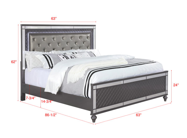English Elm Modern Upholstered Headboard Queen Bed with Button Tufting, Glass Inlay & LED Lighting, Faux Leather Finish Elegance Gray 66 L x 47 W x 7 H B011S01215