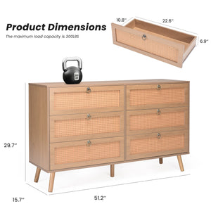 English Elm Rattan 6-Drawer Double Dresser with Handwoven PE Rattan Fronts, Wood Top, Copper Pulls, Spacious Storage Vintage T3623P411339