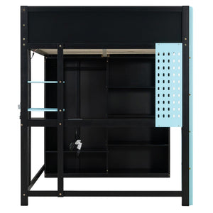 English Elm Full Size Gaming Loft Bed with Rgb Lighting Integrated Desk and Open Wardrobe Blue N820S00073C