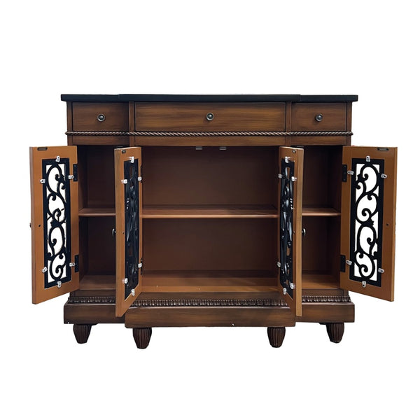 English Elm Vidi Oak Finish Entryway Console Cabinet with Felt Drawers and Bronze Hardware B2726P293609