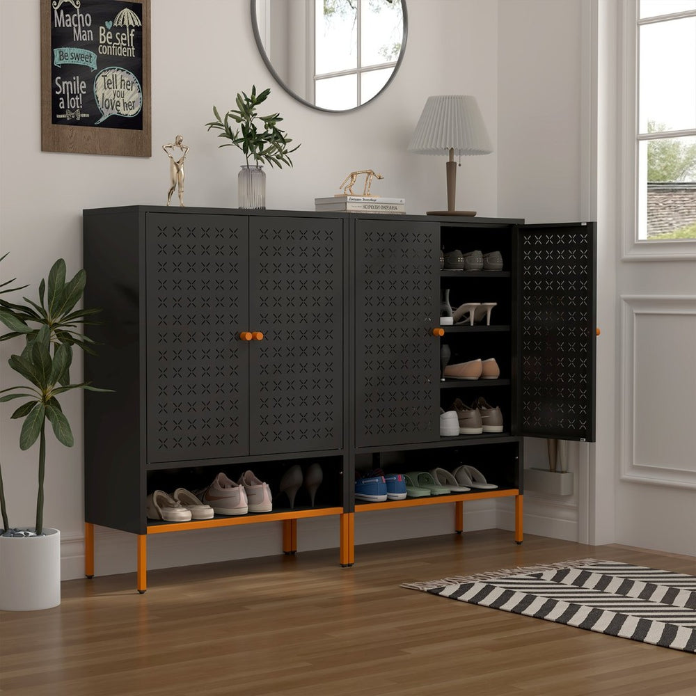 English Elm Modern Entryway Shoe Cabinet with Butterfly Doors Ventilated Shelves Steel Handle W1247P257579