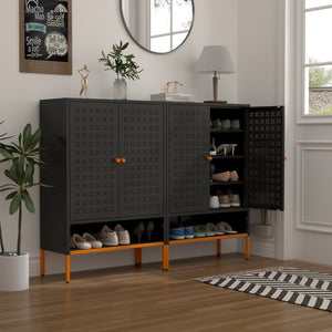 English Elm Modern Entryway Shoe Cabinet with Butterfly Doors Ventilated Shelves Steel Handle W1247P257579