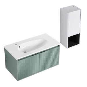 English Elm 36" Floating Bathroom Vanity with Drop-Shaped Resin Sink, Side Cabinet, Soft-Close Doors, Water-Resistant Finish W999S00332