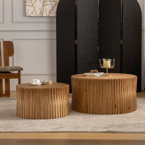 English Elm Vintage Cylindrical Nesting Coffee Table Set, Textured Embossed Wood Accent Tables for Living Room Natural W757P195740