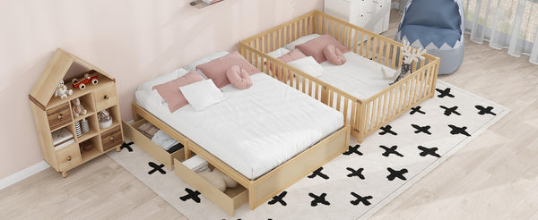 English Elm Full Size Pinewood Kids Daybed with Fence Rails Split Floor Bed and Storage Drawers Natural LP100882AAN