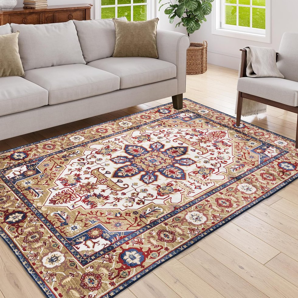 English Elm Area Rug 5X7 Vintage Bohemia Floral Design In Blue/Gold - Non-Slip, Washable, Perfect For Home Décor W2907P265031