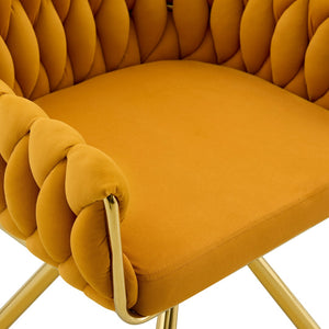 English Elm Set of 2 Velvet Upholstered Dining Chairs Braided Rope Back Glam Metal Legs Gold,Yellow W3875P383935
