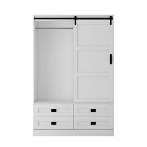 English Elm Tall Farmhouse Wardrobe Armoire with Sliding Barn Doors Drawers and Hanging Rod White W1321S00049