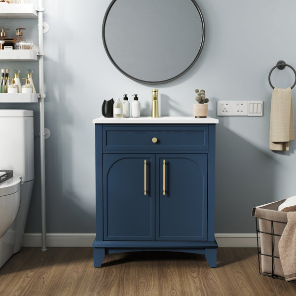 English Elm 27.8" Mid-century Freestanding Bathroom Vanity with Ceramic Sink Drawer and Wood Base Blue W1801S00005
