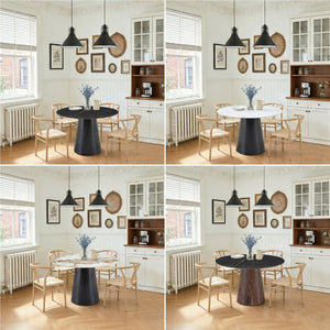English Elm Table and Chair Set 42 Inch Round Stone Top with Wishbone Rope Seat Dining Chairs W2920S00137