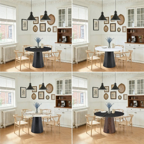 English Elm Table and Chair Set 42 Inch Round Stone Top with Wishbone Rope Seat Dining Chairs W2920S00137