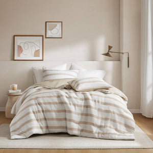 English Elm 3-piece King Yarn-dyed Woven Stripe Comforter Set with Seersucker Texture for Coastal Bedrooms Taupe B035P463217