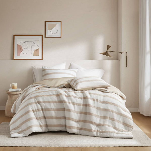 English Elm 3-piece King Yarn-dyed Woven Stripe Comforter Set with Seersucker Texture for Coastal Bedrooms Taupe B035P463217