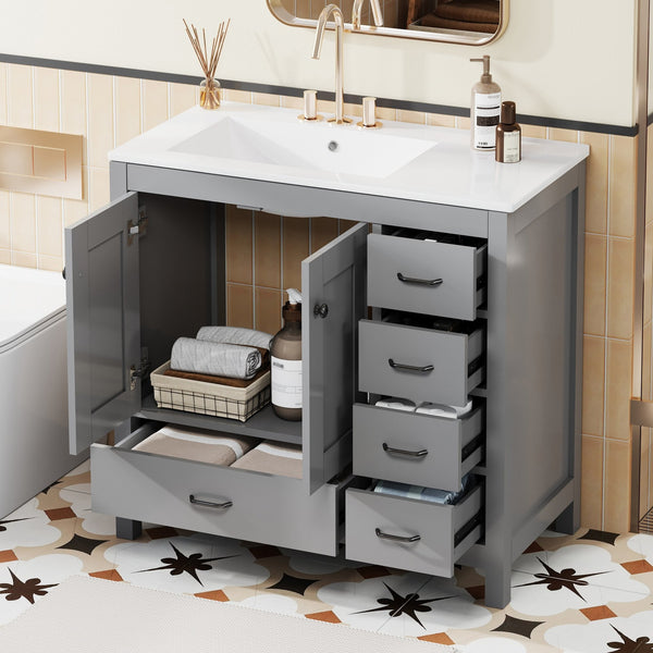 English Elm 36" Gray Bathroom Vanity with Ceramic Sink, 5 Drawers & Soft-Close Doors, Solid Wood Modern Storage N729P183735E