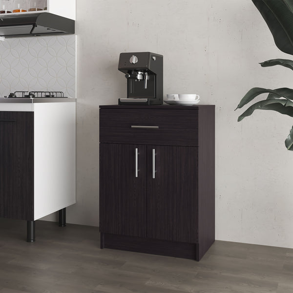 English Elm Cope Melamine Kitchen Pantry Cabinet Wengue with 2 Doors & Drawer, Compact 23.6"x33.5"x15.9" Storage Solution B128P287517