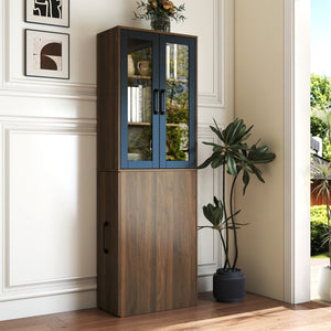 English Elm 70.87" Modern Display Storage Cabinet with 4-Tier Pull-Out Shelves, Dual Glass Doors for Home Walnut W331P295246