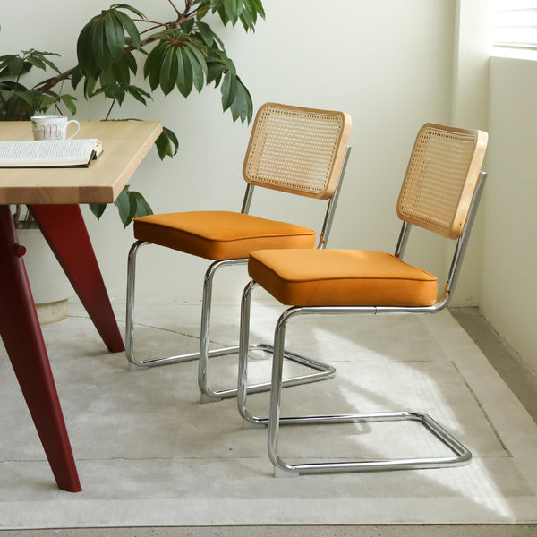 English Elm Dining Velvet Rattan Cantilever Chairs Set of 2 - Mid-Century Chrome Legs, Breathable Upholstered Orange W2105P263404
