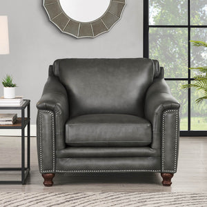 English Elm Belfast Curved Top Grain Leather Chair with Button Tufting, Nailhead Trim & Sloping Arms - Luxurious Seating for Family Rooms B2705P211696